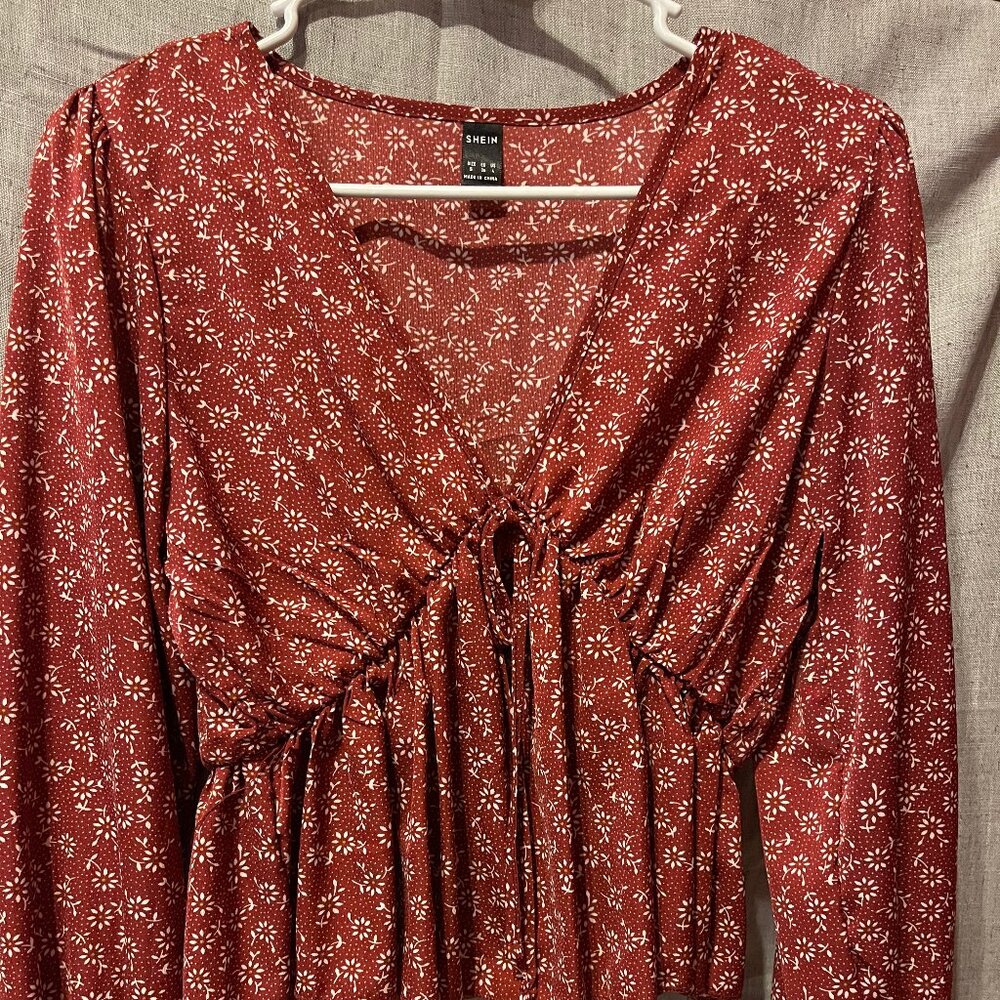 Womens Dark Red SHEIN Blouse with White Flowers
